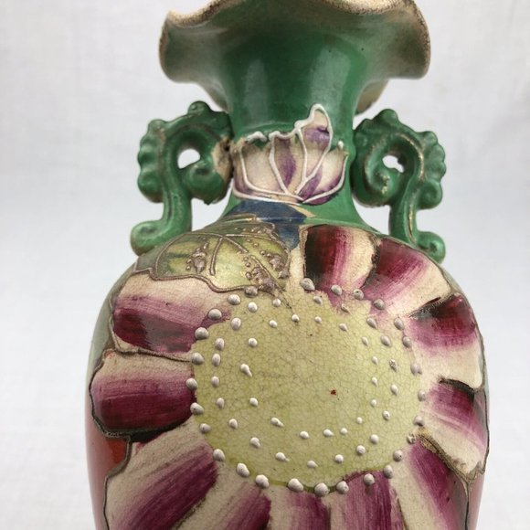Vintage Moriage Floral Ceramic Vase - Green/Orange/Purple BOHO 10” Tall - Picture 3 of 16